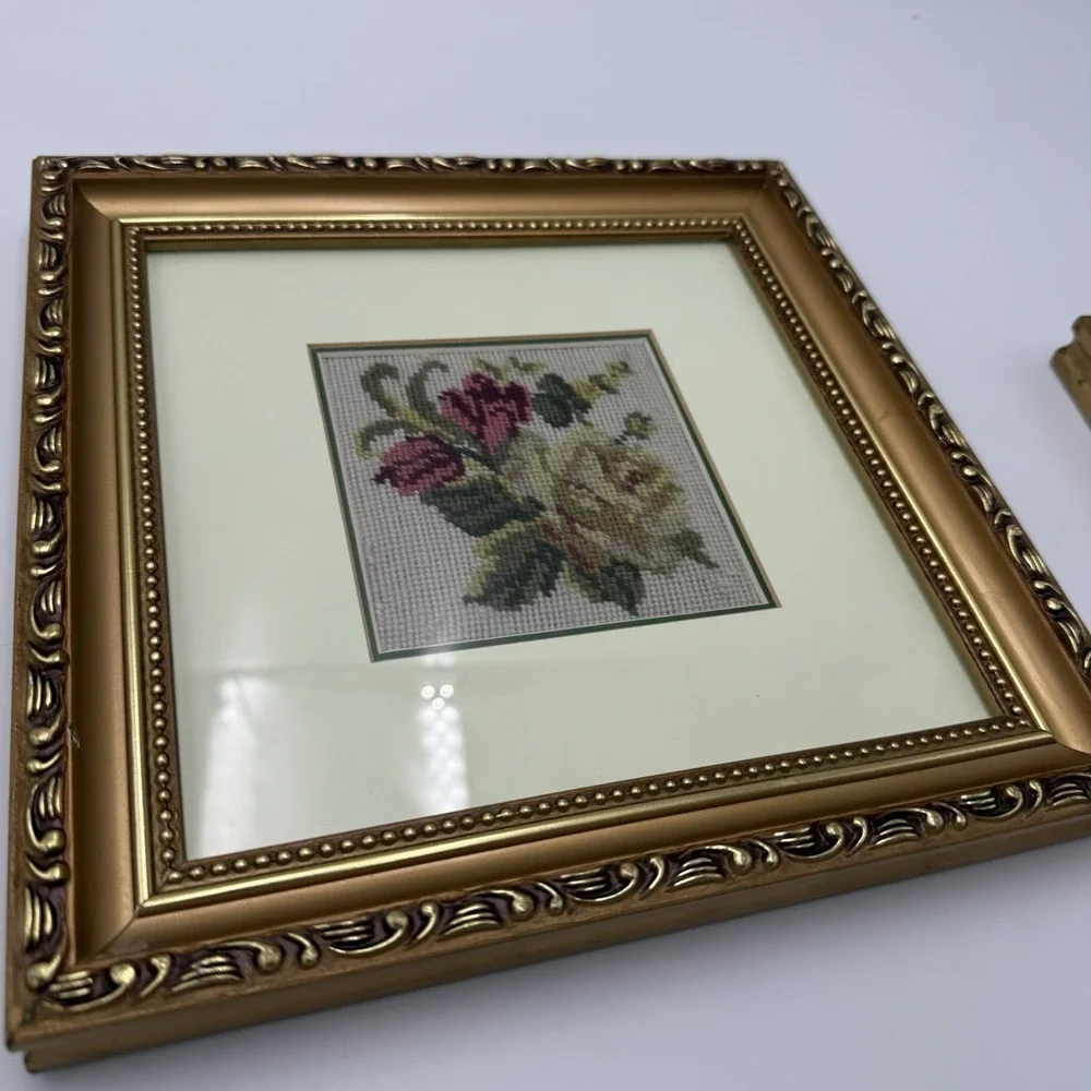 Lot 2 Floral Needlepoint Gold Matte Frame Cross Stitch Pair Hanging Cottagecore